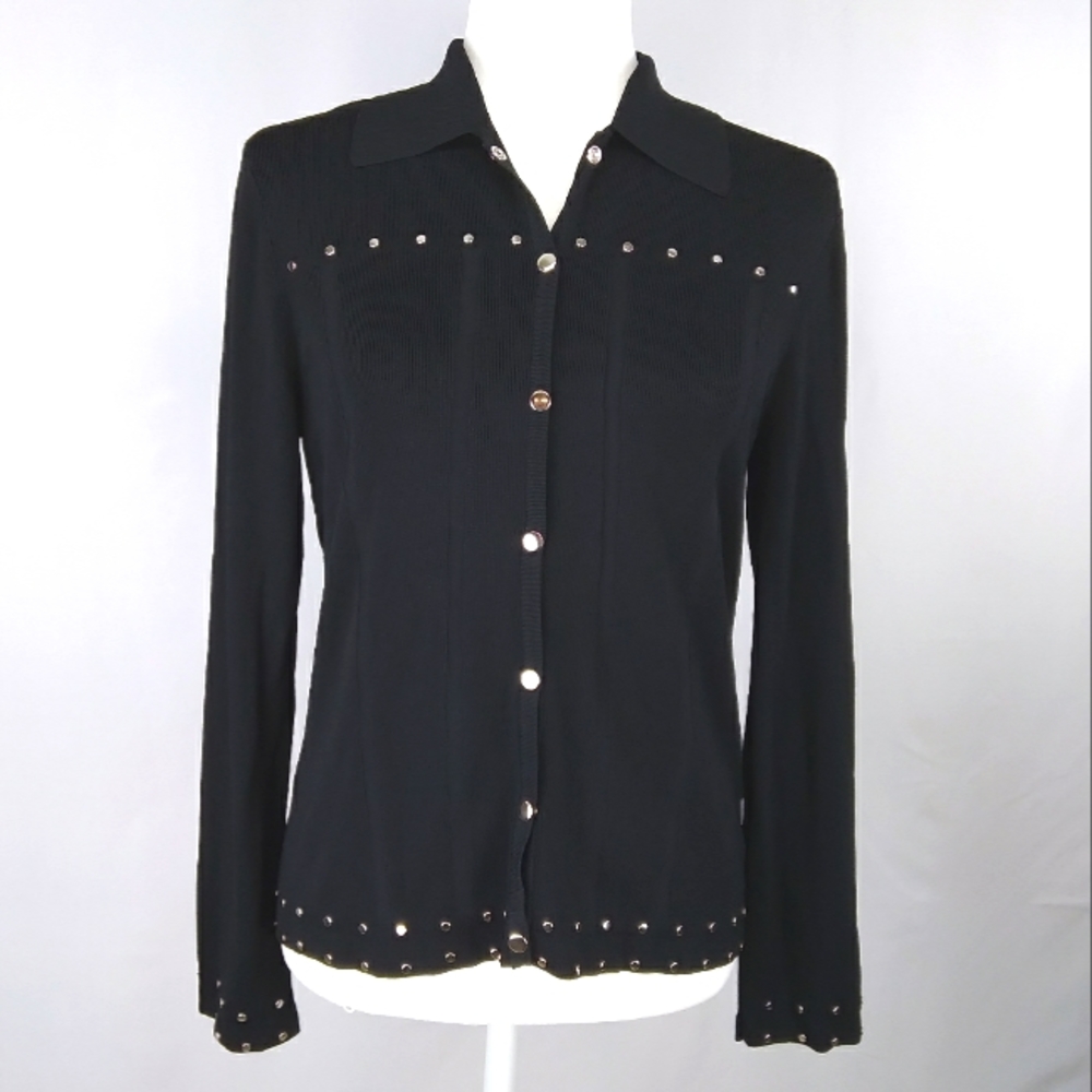 BCBG Black Ribbed Studded Button Up Sweater Shirt L